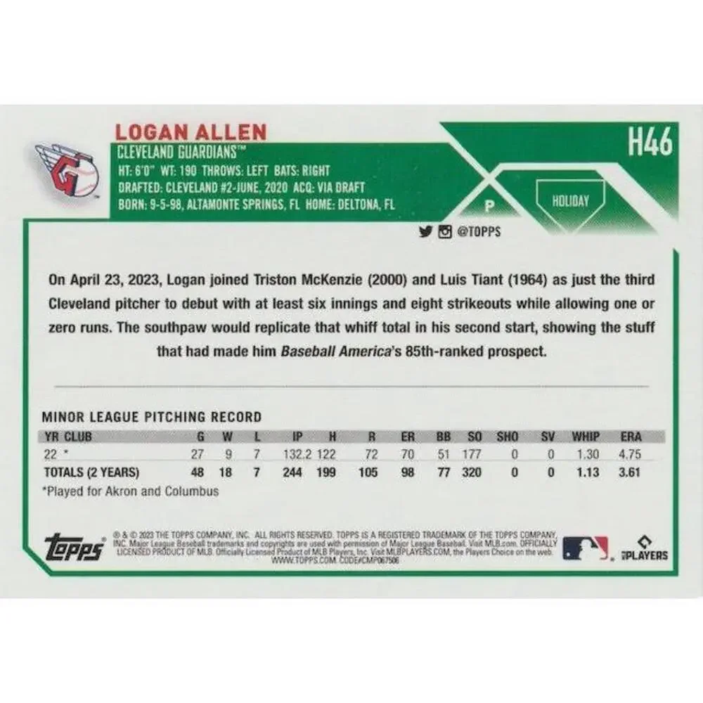 2023 Topps Holiday Logan Allen RC H46 Cleveland Guardians